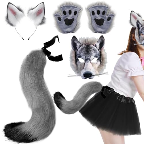 Lawnrden Wolf Maske mit Wolfspaws & Wolf Ohren und Heckset Realistic Pelry Wolf Kostüm DIY Dekorative Kostüme für Halloween Masquerade Cosplay, Wolf Kostüm von Lawnrden