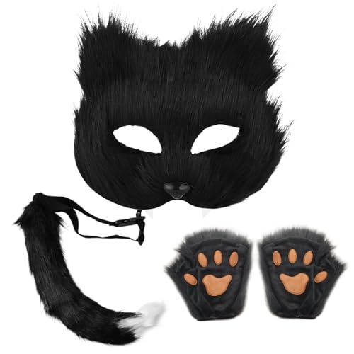 Therian Maske und Heckset, 3pcs/Set Therian Ausrüstung, Therian Maske und Schwanz, Handschuhe Set halb Gesichtsfuchsmaske mit verstellbarem Schnallen pelziger Schwanz für Halloween -Cosplay/Schwarz von Lawnrden