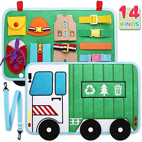 Toddler Busy Board, 14 in 1 Activity Board (Garbage Car Style), Montessori Sensory Toy for Fine Motor Skills, Learning Toy for Airplane or Car Travel, Preschool Educational Gift for Kids Boys Girls von Laxdacee