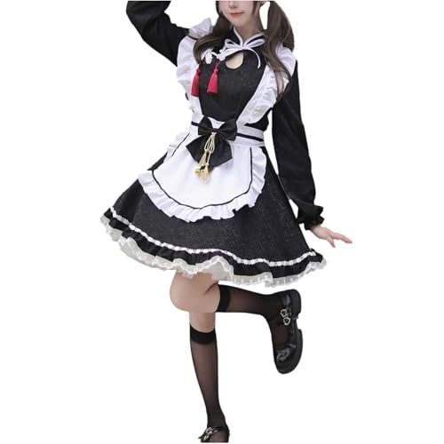 Lazzboy Dienstmädchen Kostüm Damen Karneval Cosplay Halloween Party Klassische Schürze Kleid Maid Dress Partykleider Faschingskostüm Frauen Outfit (Schwarz,3XL) von Lazzboy