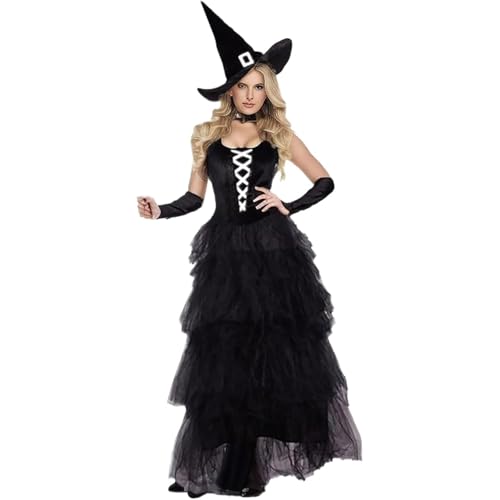 Lazzboy Halloween Kostüm Damen Kleider Frauen Hexenkostüm-Rollenspiel Halloween Anzug Böse Kleid Set Casual Lange Cosplay Outfit Faschingskostüm Hüte+Kleidung+Armbänder (Schwarz,M) von Lazzboy