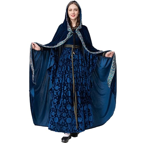 Lazzboy Kostüm Damen Karneval Halloween Kleidung Mittelalterlich Kleid Cosplay Tanzparty Performance Mittelalter Renaissance Umhang Mit Kapuze Gothic Viktorianischen Fasching Kleider (Blau,L) von Lazzboy