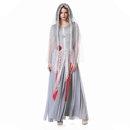 Lazzboy Kostüm Outfits Für Erwachsene Halloween Geisterbraut Kleid Cosplay Spielkostüm Performance Zombie Braut Horror Elegant Brautkleid Kleid Schleier Halskette Blume (Grau,M) von Lazzboy