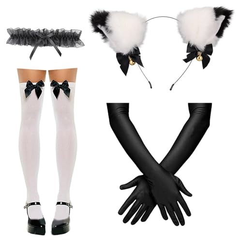 Ldabrye Catgirl Cosplay Kostüm Für Damen Halloween Beinhaltet Katzenohren Haarband Spitzenkragen Halskette Strümpfe Und Handschuhe von Ldabrye