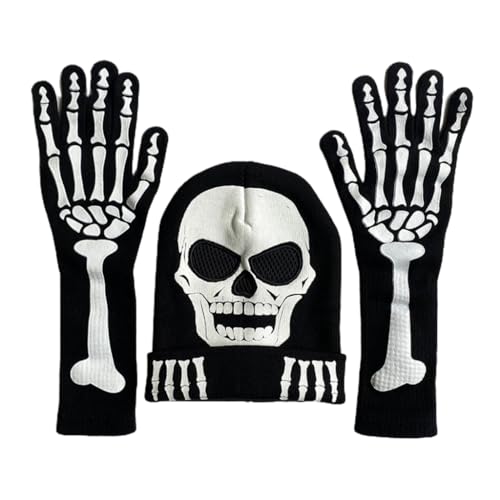 Ldabrye Halloween-Skelett-Klauen-Handschuhe, leuchten im Dunkeln, Kostüm-Handschuhe, Totenkopf-Hut, Party-Requisiten, Handwärmer von Ldabrye