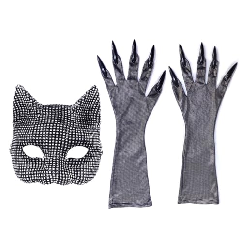 Ldabrye Kopfbedeckung Strass Katzenhandschuhe Kostüm Catwomen Cosplay Party Kostüm Gesicht Bühnenauftritte Requisiten Rollenspiel Zubehör von Ldabrye