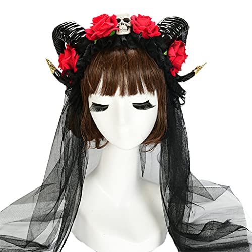 Ldabrye Rose Horn Kopfbedeckung Schädel Blume Schleier Haarband Rutschfeste Kopfbedeckung Foto Requisiten Verkleidung Halloween Karneval Zubehör Halloween Haarband Kopfschmuck Kostüm Dress Up von Ldabrye