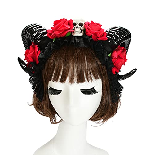 Ldabrye Stirnbänder Halloween Haarreifen Ochsenhorn Stirnband Gothic Blume Schädel Kopfschmuck Rose Horn Stirnbänder Cosplay Haarschmuck Halloween Haarband Kopfschmuck Kostüm Dress Up Haarschmuck von Ldabrye