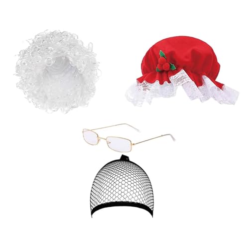 Ldbuejiaja Mrs. Clause Hut Santa Haar Halskette Schürze und Brille Set Santa Kostüm Zubehör für Frauen Weihnachten Cosplay von Ldbuejiaja