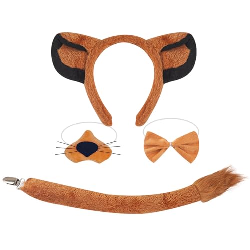 Ldbuejiaja Schönes Hunde-Stirnband-Set aus Plüsch, Tierschwanz, Fliege, brauner Netzrock, Löwen-Haarreifen-Set für Halloween, Cosplay-Party von Ldbuejiaja