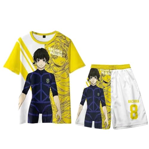 Ldruieu Blue Lock T-Shirt Set Unisex 3D Druck Anime Kurzarm Hemd Kurze Hose Strandhose Set Blue Lock Cosplay Kostüm für Herren Damen von Ldruieu