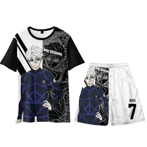 Ldruieu Blue Lock T-Shirt Set Unisex 3D Druck Anime Kurzarm Hemd Kurze Hose Strandhose Set Blue Lock Cosplay Kostüm für Herren Damen von Ldruieu