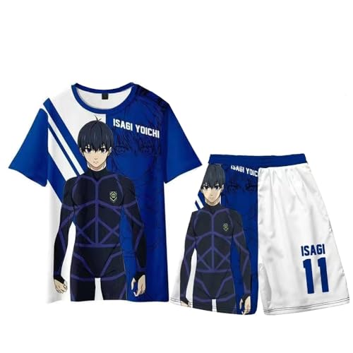 Ldruieu Blue Lock T-Shirt Set Unisex 3D Druck Anime Kurzarm Hemd Kurze Hose Strandhose Set Blue Lock Cosplay Kostüm für Herren Damen von Ldruieu