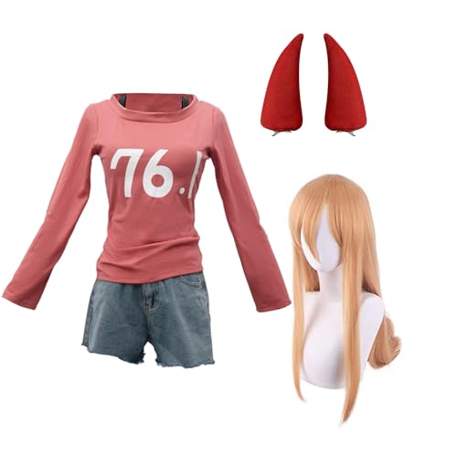 Ldruieu Chainsaw Man Cosplay Kostüm Power Blau Uniform Oder Rot T-Shirt + Shorts Outfit Mädchen Anime Costume Für Halloween Karneval Party von Ldruieu