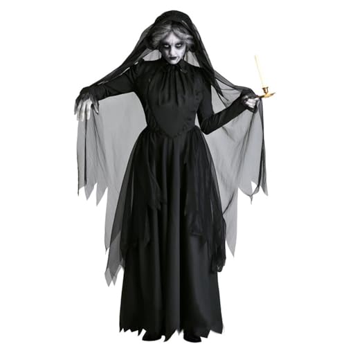 Ldruieu Halloween Kostüm Damen Horror Braut Kleidung mit Schleier Karneval Mottoparty Cosplay Kleid Halloween Hexenkostüm von Ldruieu