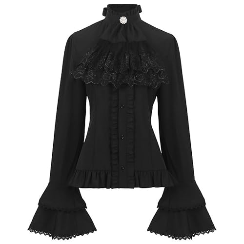Ldruieu Viktorianische Bluse Damen Weiß/Schwarz Vintage Gothic Stehkragen mit Rüschen Langarmshirt Mittelalter Bluse Cosplay für Damen von Ldruieu