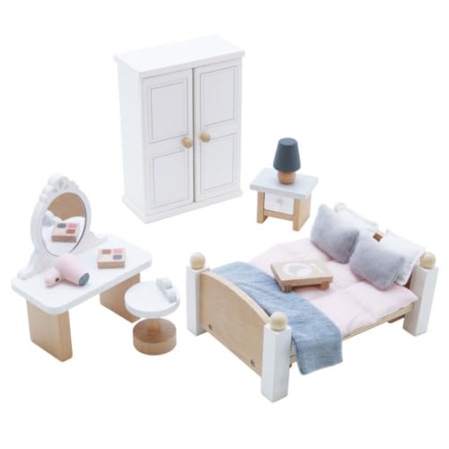 Le Toy Van - ME057 - Puppenhaus-Schlafzimmer, Alter 3, 19-teiliges Holzmöbel-Set, Öko-Spielzeug, Montessori, inklusive Doppelbett, Schminktisch, Kleiderschrank, Nachttisch, Zubehör von Le Toy Van