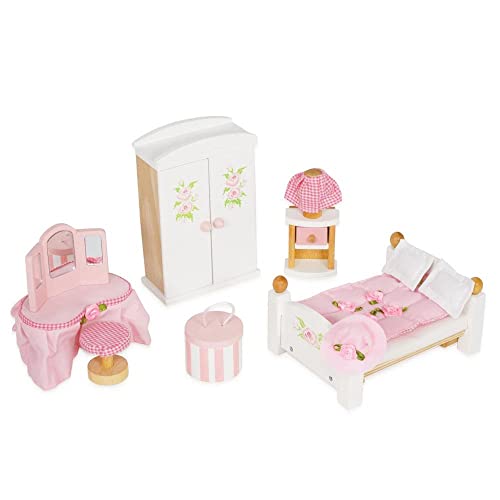 Le Toy Van - ME057 - Puppenhaus-Schlafzimmer, Alter 3, 19-teiliges Holzmöbel-Set, Öko-Spielzeug, Montessori, inklusive Doppelbett, Schminktisch, Kleiderschrank, Nachttisch, Zubehör von Le Toy Van