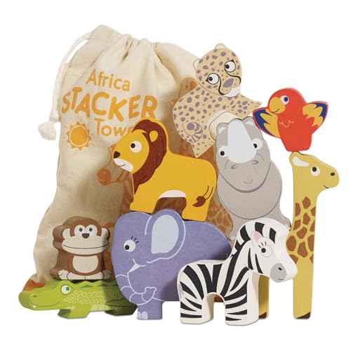 Le Toy Van - PL117 - Lernspiel Tiere der Savanne, stapelbar, für Kinder ab 18 Monaten, Balance-Aktivität, 9 Tiere und Tasche, aus FSC-Holz, ökologisches Spiel, plastikfrei, Petilou von Le Toy Van