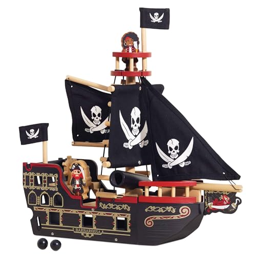 Le Toy Van – Pädagogisches Pirates Collection Piratenschiff „Barbarossa“ aus Holz, mit Kanone, Kanonenkugeln, Planke, Falltür und Anker | Rollenspiel Piratenspielzeug, TV246 von Le Toy Van