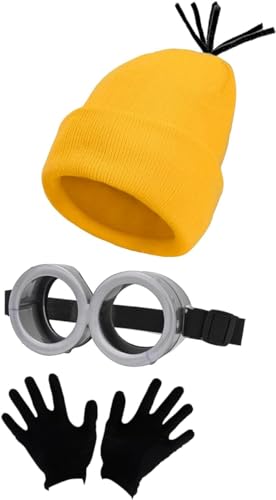 LeMarnia 3-teiliges Kostümzubehör für Erwachsene, Steampunk-Brille Gelbe Beanie Mütze Schwarze Handschuhe Halloween Party Set von LeMarnia