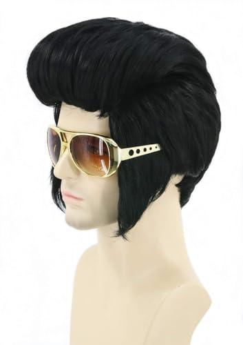 LeMarnia Herren Perücke Schwarz Kurze Disco Perücke für 50er Jahre Rock Style Cosplay Halloween Kostüm Party Perücke (ohne Brille) von LeMarnia