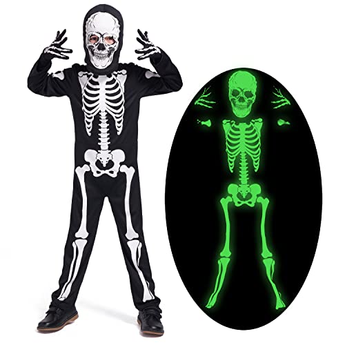 Leadtex Skelett-Halloween-Kostüm für Kinder, All-in-One-Skelett-bedruckter Overall mit Kapuze und Handschuhen (12–13 Jahre von Leadtex