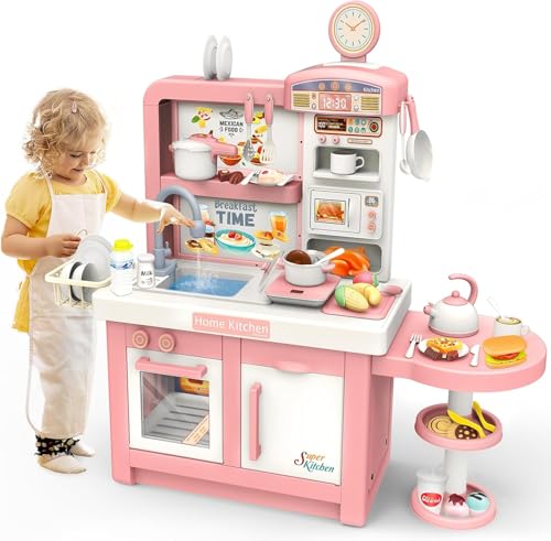 Rosa Spielzeugküche für Mädchen Spielküche Chef Lichter und Geräusche mit Dampf Wassertöpfe Essen und Küchenzubehör XXL 98 cm hoch von Lean Toys