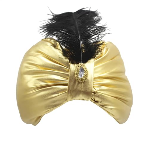 Goldener Kopfwickel – Unisex-Turban-Hut, arabische Vintage-Kopfbedeckung, -Satin-Stoff-Kostüm-Accessoire mit Federstein, Sultan-Aladin-Edelstein, Feder, arabische Hüte für Erwachsene Goldener Kopfwickel – Unisex-Turban-Hut, arabische Vintage-Kopfbedeckung, -Satin-Stoff-Kostüm-Accessoire mit Federstein, Sultan-Aladin-Edelstein, Feder, arabische Hüte für Erwachsene von LearnLyrics