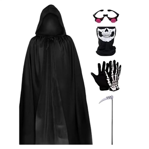 Halloween Kapuzenumhang, Kapuzenumhang-Reaper-Kostüm 5-teiliges Sensenmann-Halloweenkostüm Mit Totenkopfmaske, Skeletthandschuhen, Sichel Und Leuchtend Roter Brille. Gruseliges Halloweenkostüm Für Kin von LearnLyrics