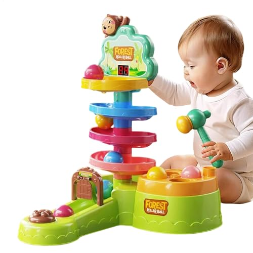 LearnLyrics Baby Spielzeug ab 1 Jahr Werkbank Kinder, Motorikwürfel Musik Licht Spielzeug ab 18 Monate, Pounding Toy, Pound and Roll Holzturm Spielzeug Hammer Helle Farbe Früherziehung Spielzeug von LearnLyrics