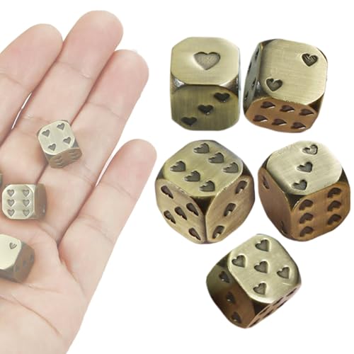 LearnLyrics Metallwürfel-Set, einzigartige Würfel - Abgerundete Metallwürfel mit Herzmuster - 6-seitige Tischspielwürfel, Metall abgerundete Ecken 5X für Mahjong-Spiele für Brettspiele von LearnLyrics