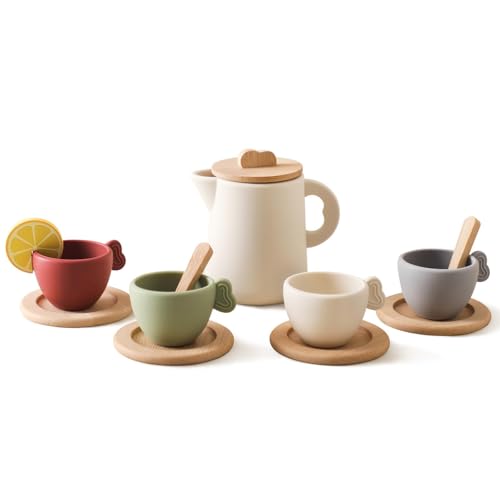 LearnLyrics Pretend Tea Set - Indoor Activity Teeservice, Buntes Teeservice | Holzspielzeug für Teezeit, Prinzessinnen-Simulationsspiel, Zeit-Spielzeug-Set von LearnLyrics