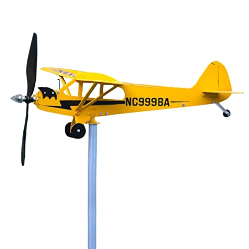 LearnLyrics Rotierende Windfahne, Flugzeug-Anemometer für Piper J3 Cub, Gartenkunstskulptur, Kinetische Kunst, Vintage-Flugzeug-Wetterfahne von LearnLyrics