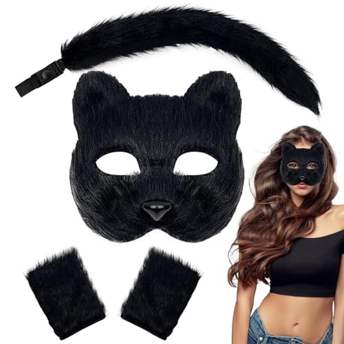 LearnLyrics Set - Katzenschwanz Cosplay Maskerade Pfoten Handschuhe | Langfristiger Komfort Ohren und Schwanz Set, Rollenspiel Partys Halloween Tier Cosplay Kostüm Zubehör für Cosplay, Schwarz von LearnLyrics