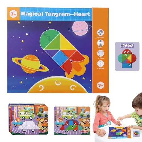 LearnLyrics Tangrams Magnetisch, Motivblöcke aus Holz | Magnetische Puzzles Geometrische Blöcke aus Holz tragbar – Tangram Lernspielzeug aus Holz für Kinder ab 3 Jahren, Mädchen und von LearnLyrics