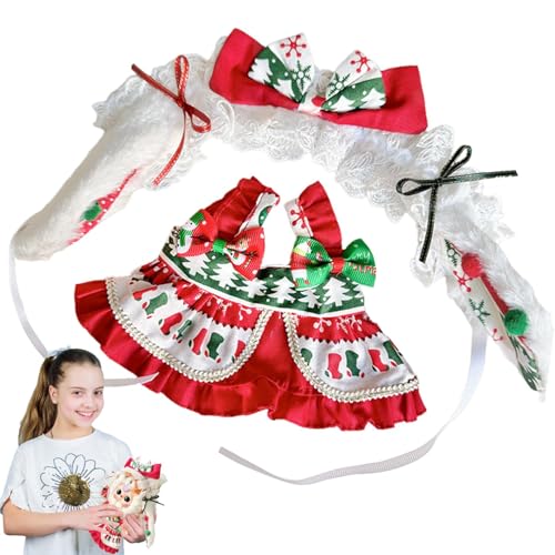 LearnLyrics Weihnachtspuppen-Kleidung, Weihnachtspuppenoutfits, niedlicher Plüschpuppenrock mit Hasenohrenwärmer, rotes Weihnachtsoutfit für Plüschpuppe, Set von LearnLyrics