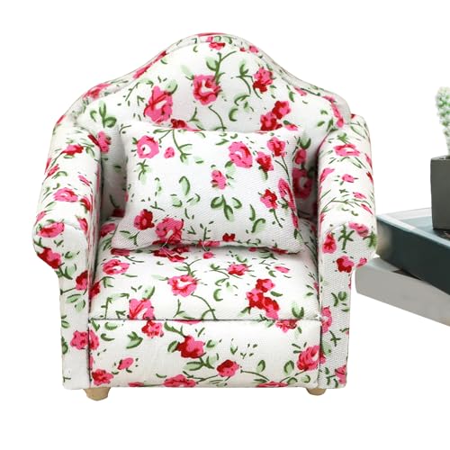 Puppenhaus-Couch – Modernes Couch- und Sessel-Set, Puppenhaus-Möbel mit Kissen, Blumenmuster, Holzstoffrahmen, Lesestuhl für Wohnzimmer, Desktop-Dekoration von LearnLyrics