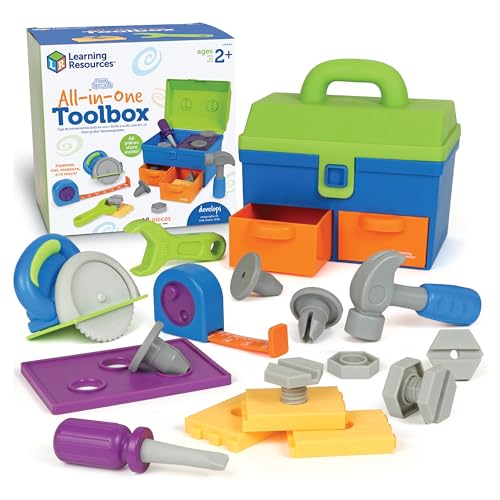 Learning Resources LER9754 New Sprouts All-in-One Werkzeugkasten, Spielzeug für 2 Jahre alten Jungen und Mädchen, 18 Teile, Grobe Werkzeuge zum Rollenspiel für Kleinkinder mit Tragebox, multi von Learning Resources