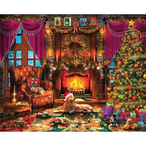 Holz Puzzle 1000 Stück Puzzle für Erwachsene mit Weihnachtsmann, Kamin, Weihnachtsbaum für warme Weihnachten (Hunde) von Ledander