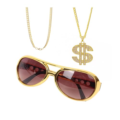 Ledander Gold Kette & Brille Set – Retro Gangster Style für 70er bis 90er Jahre Themenpartys, Halloween, Karneval und Cosplay von Ledander