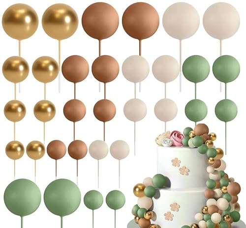 Ledeak 32 Stück Tortendeko Kugeln, Mini-Ballons Tortenaufleger Schaumstoffkugeln, DIY Cupcake Einsatz Kuchen Dekoration für Hochzeit Party Babyparty Geburtstag (Grün, Braun, Khaki, Gold) von Ledeak