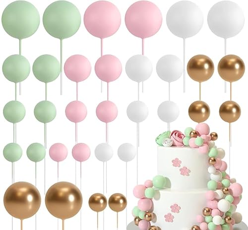 Ledeak 32 Stück Tortendeko Kugeln, Mini-Ballons Tortenaufleger Schaumstoffkugeln, DIY Cupcake Einsatz Kuchen Dekoration für Hochzeit Party Babyparty Geburtstag (Grün, Rosa, Weiß, Gold) von Ledeak