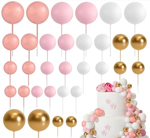 Ledeak 32 Stück Tortendeko Kugeln, Mini-Ballons Tortenaufleger Schaumstoffkugeln, DIY Cupcake Einsatz Kuchen Dekoration für Hochzeit Party Babyparty Geburtstag (Rose, Gold, Rosa, Weiß) von Ledeak