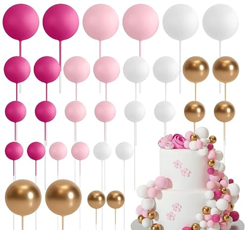 Ledeak 32 Stück Tortendeko Kugeln, Mini-Ballons Tortenaufleger Schaumstoffkugeln, DIY Cupcake Einsatz Kuchen Dekoration für Hochzeit Party Babyparty Geburtstag (Rosenrot, Rosa, Weiß, Gold) von Ledeak