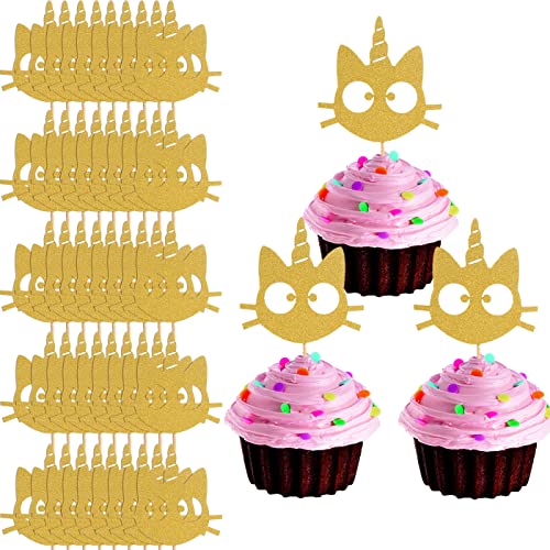 LeeLeeAn 48er Gold Glitter Katzengesicht Cupcake Topper - Gold Kitty Cat Cupcake Topper für Katzenparty, Baby Geburtstag, DIY Dekoration von LeeLeeAn