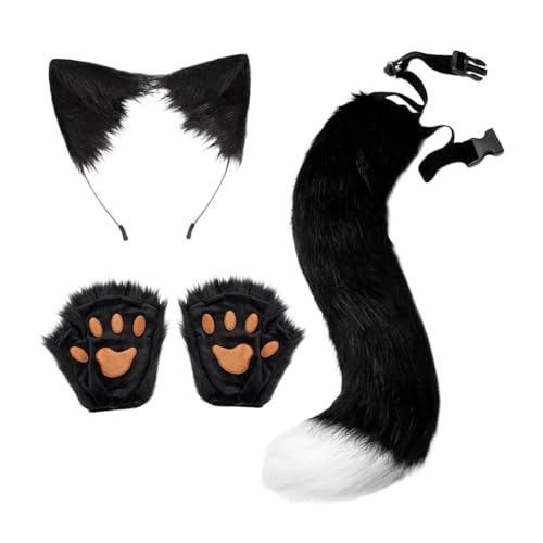 LeeQinersw 3 Stück Tier Kostüm Set mit Fuchsohren Kopfschmuck Plüsch Schwanz Und Handschuhen Als Tierverkleidung mit Gürtel für Geburtstage Und Feste, Schwarz-Weiss LeeQinersw 3 Stück Tier Kostüm Set mit Fuchsohren Kopfschmuck Plüsch Schwanz Und Handschuhen Als Tierverkleidung mit Gürtel für Geburtstage Und Feste, Schwarz-Weiss von LeeQinersw