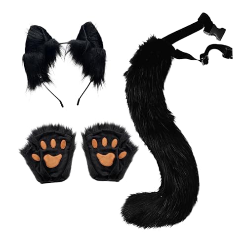 LeeQinersw 3 Stück Tier Kostüm Set mit Fuchsohren Kopfschmuck Plüsch Schwanz Und Handschuhen Als Tierverkleidung mit Gürtel für Geburtstage Und Feste, Schwarz LeeQinersw 3 Stück Tier Kostüm Set mit Fuchsohren Kopfschmuck Plüsch Schwanz Und Handschuhen Als Tierverkleidung mit Gürtel für Geburtstage Und Feste, Schwarz von LeeQinersw