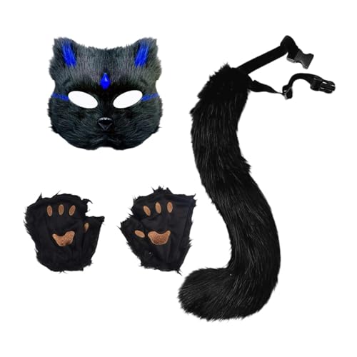 LeeQinersw 3 Teiliges Tierkostüm Set mit Tiermaske Plüschschwanz Und Handschuhen Als Verkleidung Flauschig Und Bequem für Karneval Fasching Und Maskenbälle, Schwarzer Blue Chip LeeQinersw 3 Teiliges Tierkostüm Set mit Tiermaske Plüschschwanz Und Handschuhen Als Verkleidung Flauschig Und Bequem für Karneval Fasching Und Maskenbälle, Schwarzer Blue Chip von LeeQinersw