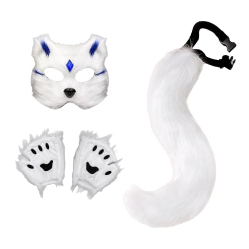 LeeQinersw 3 Teiliges Tierkostüm Set mit Tiermaske Plüschschwanz Und Handschuhen Als Verkleidung Flauschig Und Bequem für Karneval Fasching Und Maskenbälle, Weißer Blue Chip LeeQinersw 3 Teiliges Tierkostüm Set mit Tiermaske Plüschschwanz Und Handschuhen Als Verkleidung Flauschig Und Bequem für Karneval Fasching Und Maskenbälle, Weißer Blue Chip von LeeQinersw
